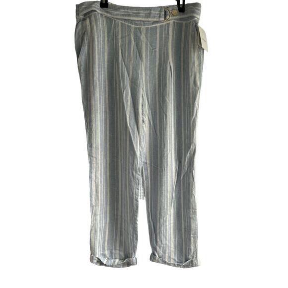 Ellen Tracy Large Linen Blend Chambray Blue & White Striped Straight Leg Pants - Picture 1 of 6